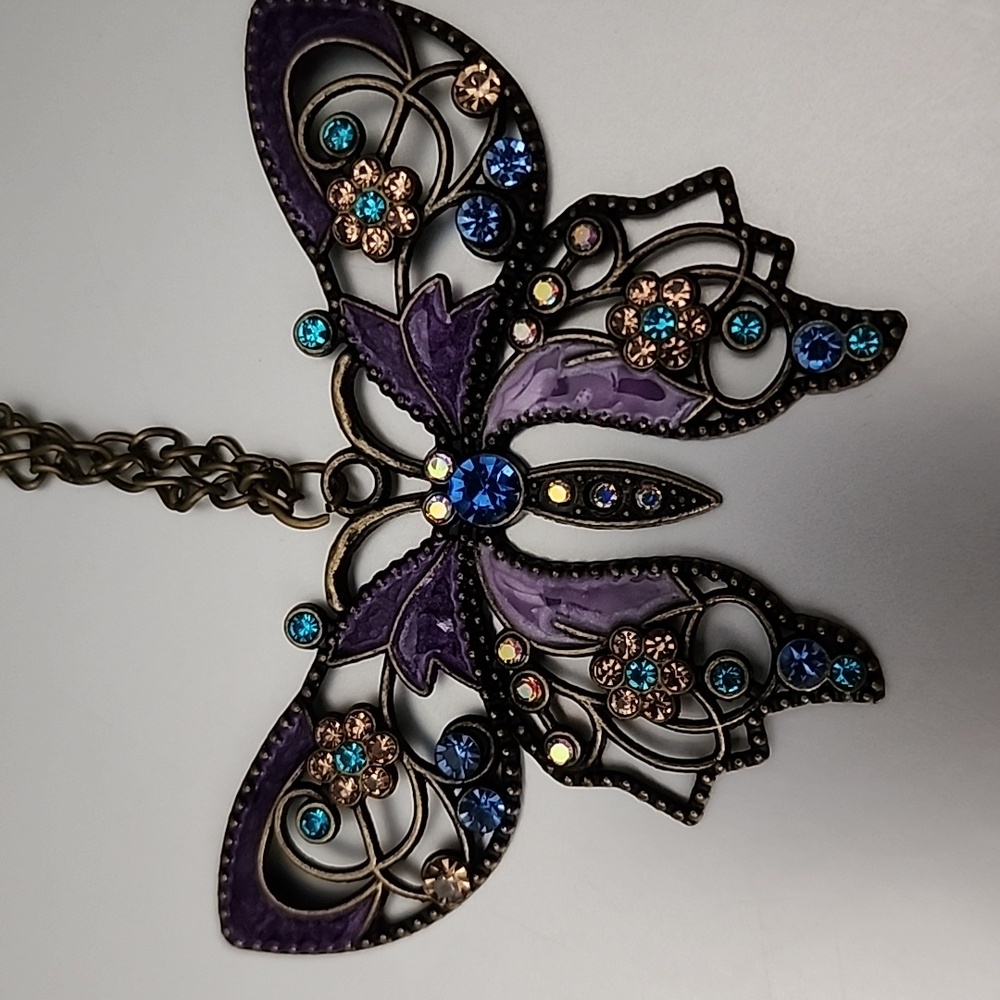 Bohemian  Butterfly Large pendant 22in NECKLACE Multigem Beautiful Enama…